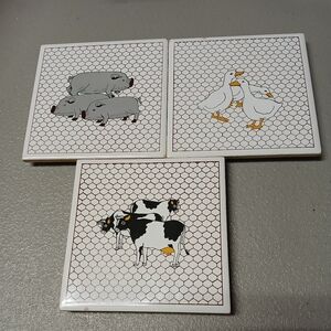 Vintage UCGC Taiwan Farm Animal Ceramic Tile Trivet Set Pigs Cows Duck Farmhouse